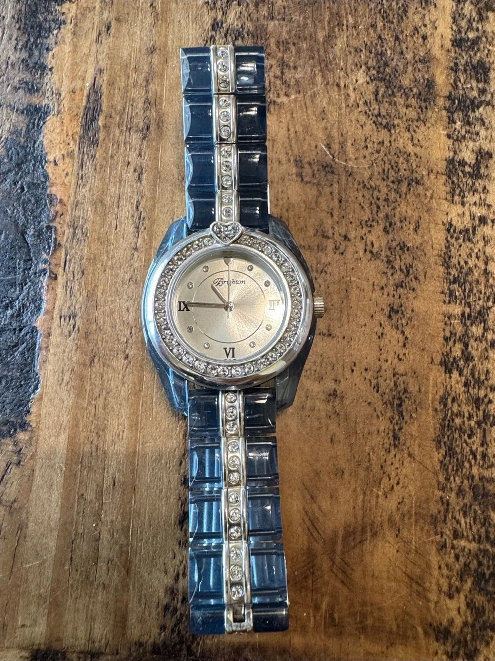 Brighton Silver-Tone Watch Bracelet with Black Links and Crystal Accents